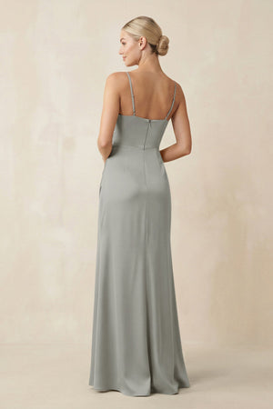 Cami Strap Ruched Satin Sheath Bridesmaid Dress in Silver - KISS BRIDAL Bridesmaid Dresses