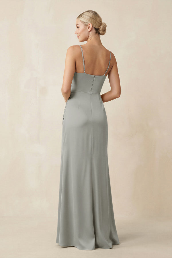 Cami Strap Ruched Satin Sheath Bridesmaid Dress in Silver - KISS BRIDAL Bridesmaid Dresses