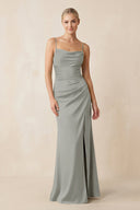Cami Strap Ruched Satin Sheath Bridesmaid Dress in Silver - KISS BRIDAL Bridesmaid Dresses