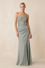 Cami Strap Ruched Satin Sheath Bridesmaid Dress in Silver - KISS BRIDAL Bridesmaid Dresses