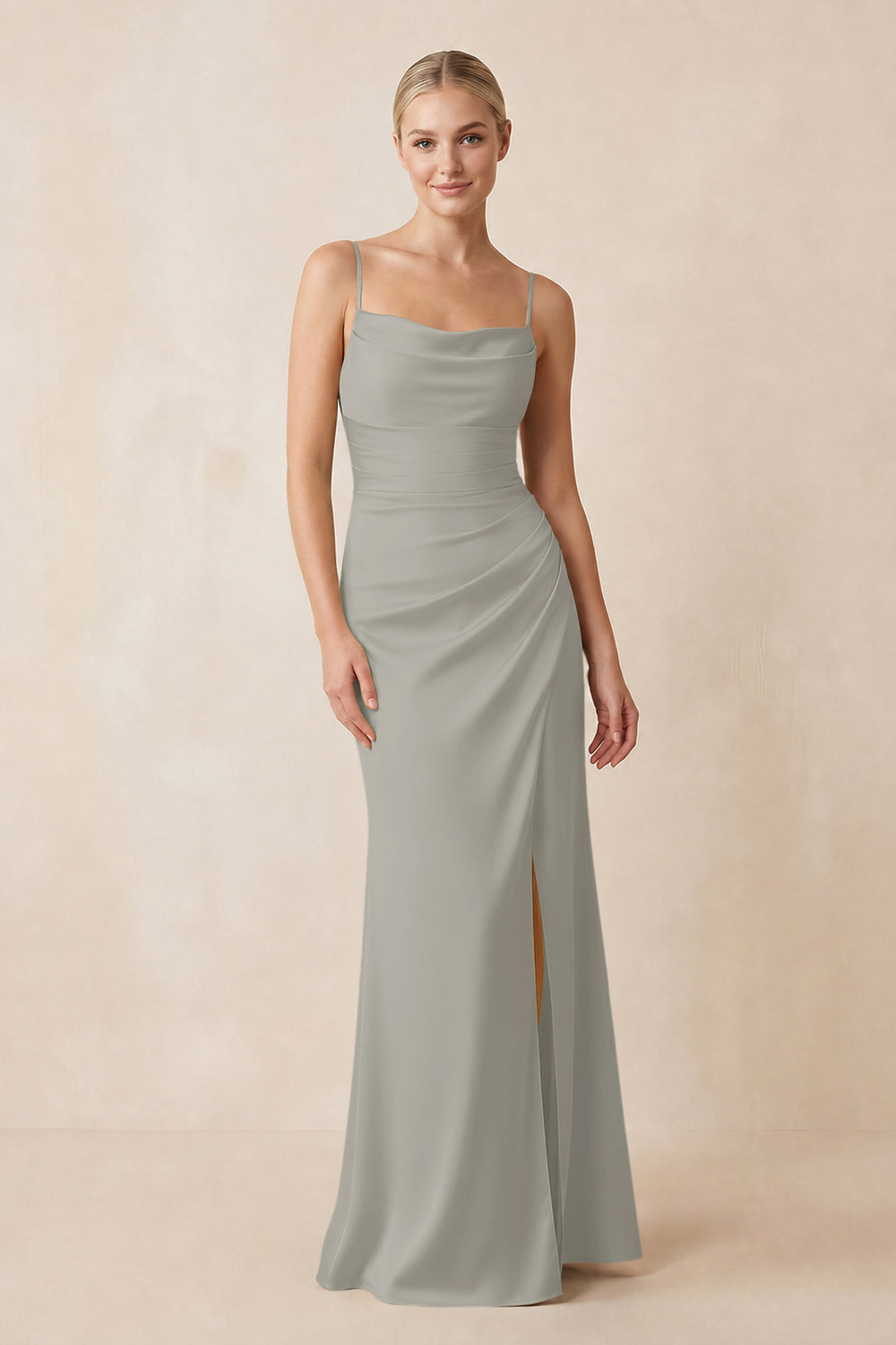 Cami Strap Ruched Satin Sheath Bridesmaid Dress in Silver