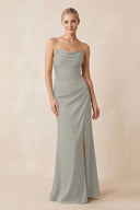 Cami Strap Ruched Satin Sheath Bridesmaid Dress in Silver | KISSBRIDAL