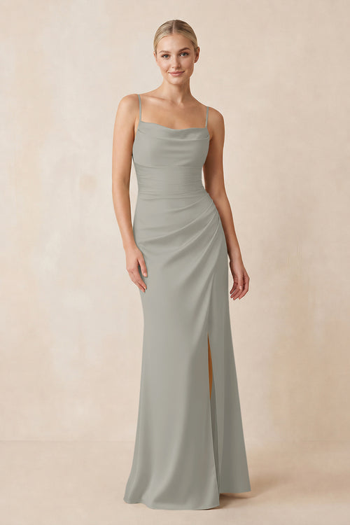 Cami Strap Ruched Satin Sheath Bridesmaid Dress in Silver | KISSBRIDAL