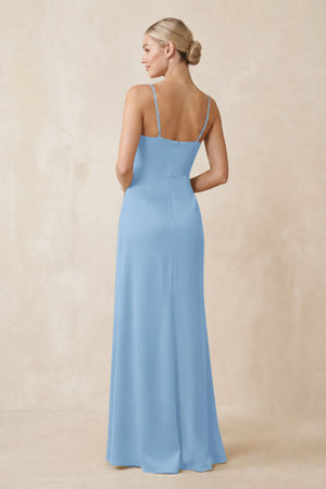 Cami Strap Ruched Satin Sheath Bridesmaid Dress in Sky Blue (2) | KISSBRIDAL