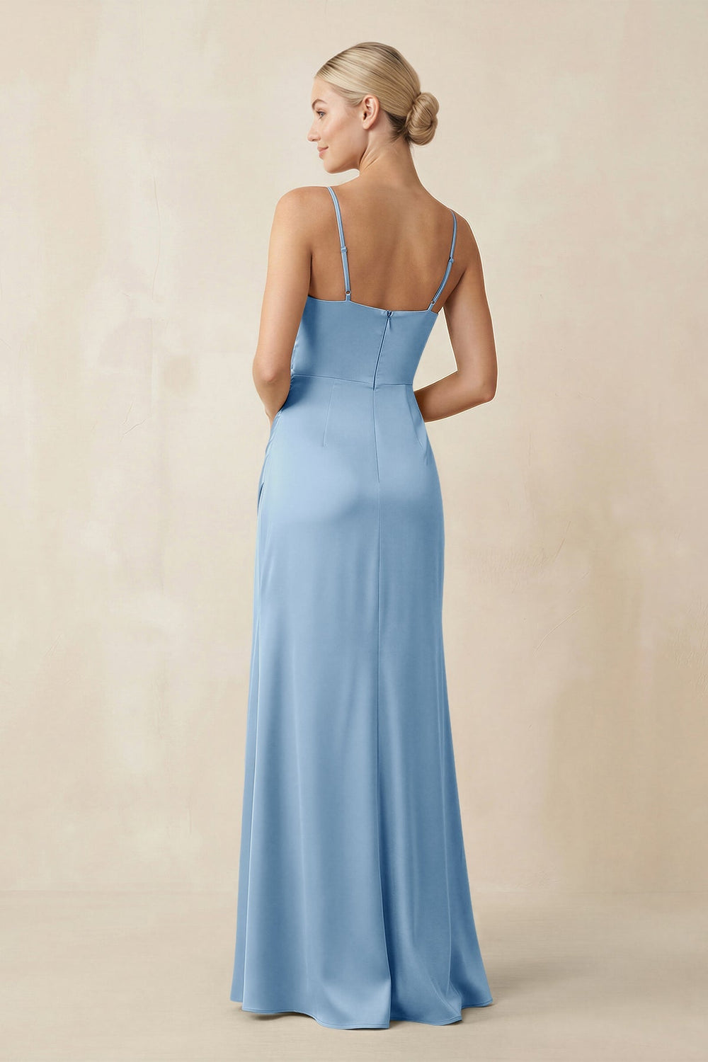 Cami Strap Ruched Satin Sheath Bridesmaid Dress in Sky Blue - KISS BRIDAL Bridesmaid Dresses