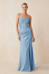 Cami Strap Ruched Satin Sheath Bridesmaid Dress in Sky Blue - KISS BRIDAL Bridesmaid Dresses