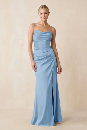 Cami Strap Ruched Satin Sheath Bridesmaid Dress in Sky Blue - SHE IS ME Bridesmaid Dresses