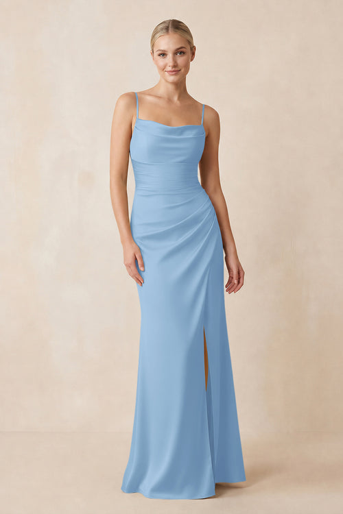 Cami Strap Ruched Satin Sheath Bridesmaid Dress in Sky Blue | KISSBRIDAL