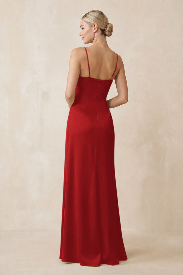 Cami Strap Ruched Satin Sheath Bridesmaid Dress in Spice (2) | KISSBRIDAL
