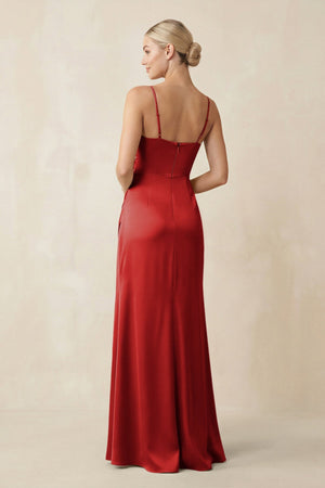 Cami Strap Ruched Satin Sheath Bridesmaid Dress in Spice - SHE IS ME Bridesmaid Dresses