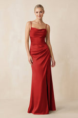 Cami Strap Ruched Satin Sheath Bridesmaid Dress in Spice - KISS BRIDAL Bridesmaid Dresses