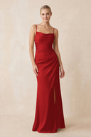 Cami Strap Ruched Satin Sheath Bridesmaid Dress in Spice | KISSBRIDAL