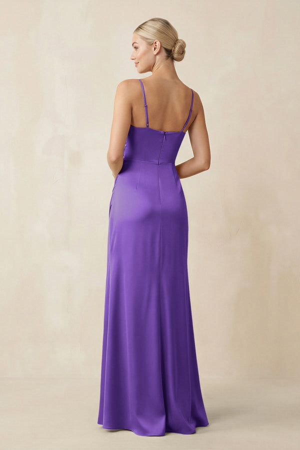 Cami Strap Ruched Satin Sheath Bridesmaid Dress in Tahiti - KISS BRIDAL Bridesmaid Dresses