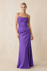 Cami Strap Ruched Satin Sheath Bridesmaid Dress in Tahiti - KISS BRIDAL Bridesmaid Dresses