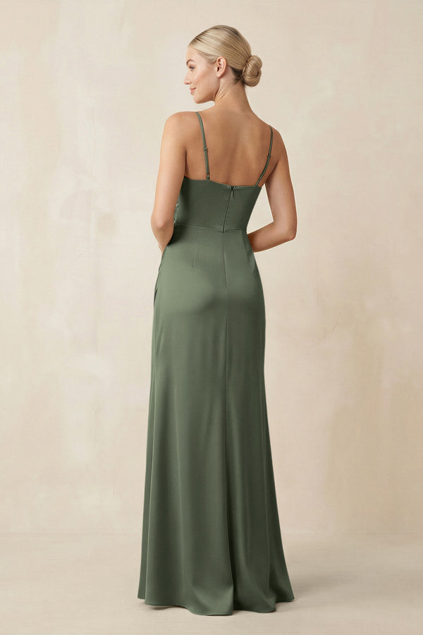 Cami Strap Ruched Satin Sheath Bridesmaid Dress in Thyme - KISS BRIDAL Bridesmaid Dresses