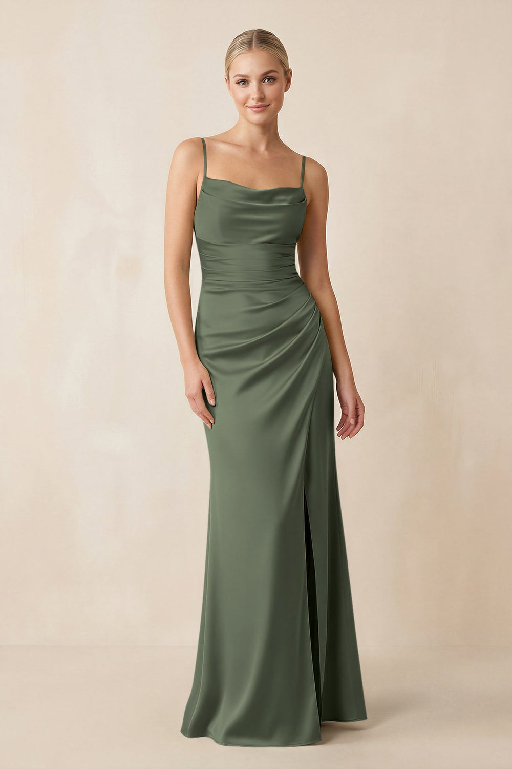 Cami Strap Ruched Satin Sheath Bridesmaid Dress in Thyme - KISS BRIDAL Bridesmaid Dresses