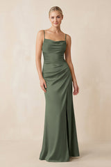 Cami Strap Ruched Satin Sheath Bridesmaid Dress in Thyme - KISS BRIDAL Bridesmaid Dresses
