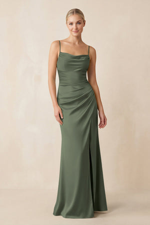 Cami Strap Ruched Satin Sheath Bridesmaid Dress in Thyme - KISS BRIDAL Bridesmaid Dresses