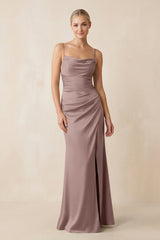 Cami Strap Ruched Satin Sheath Bridesmaid Dress in Toffee - KISS BRIDAL Bridesmaid Dresses