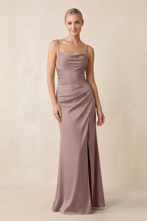 Cami Strap Ruched Satin Sheath Bridesmaid Dress in Toffee - KISS BRIDAL Bridesmaid Dresses