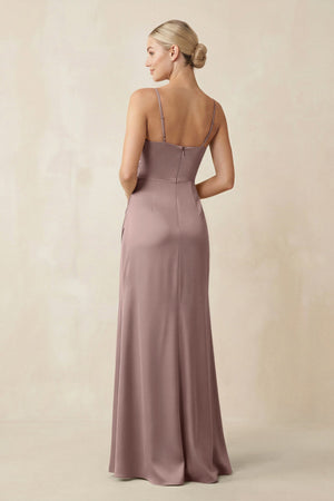 Cami Strap Ruched Satin Sheath Bridesmaid Dress in Toffee - KISS BRIDAL Bridesmaid Dresses