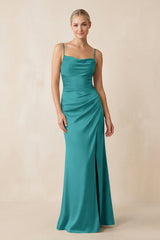 Cami Strap Ruched Satin Sheath Bridesmaid Dress in Turquoise - KISS BRIDAL Bridesmaid Dresses
