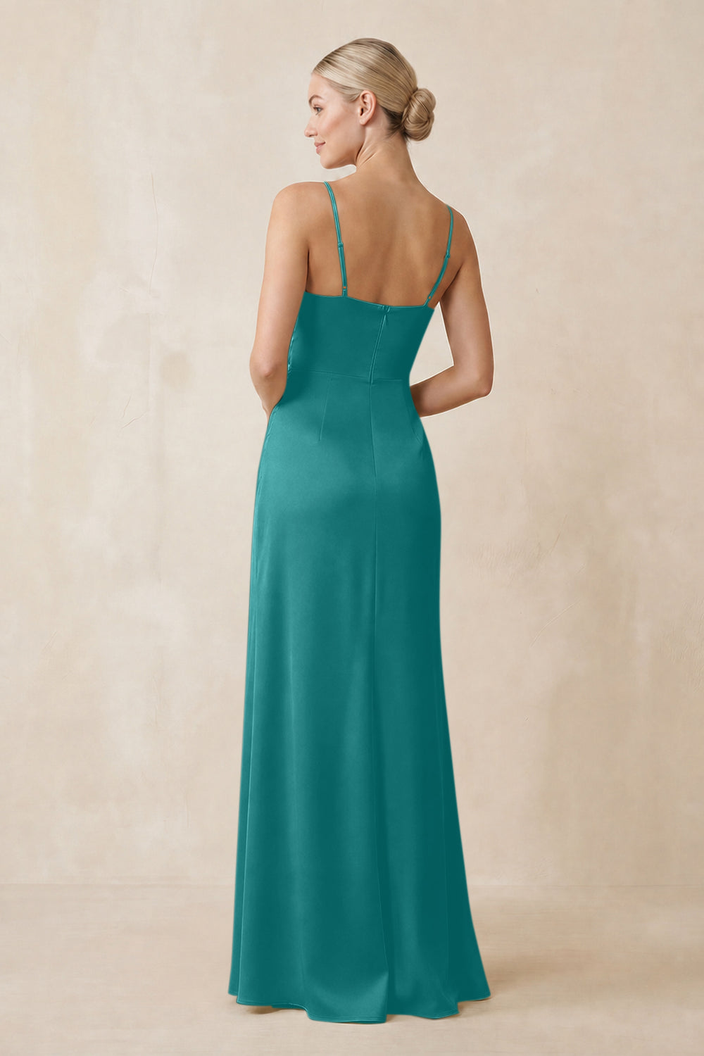 Cami Strap Ruched Satin Sheath Bridesmaid Dress in Turquoise