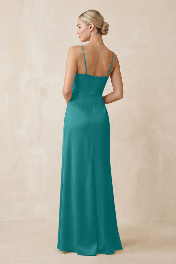 Cami Strap Ruched Satin Sheath Bridesmaid Dress in Turquoise (2) | KISSBRIDAL
