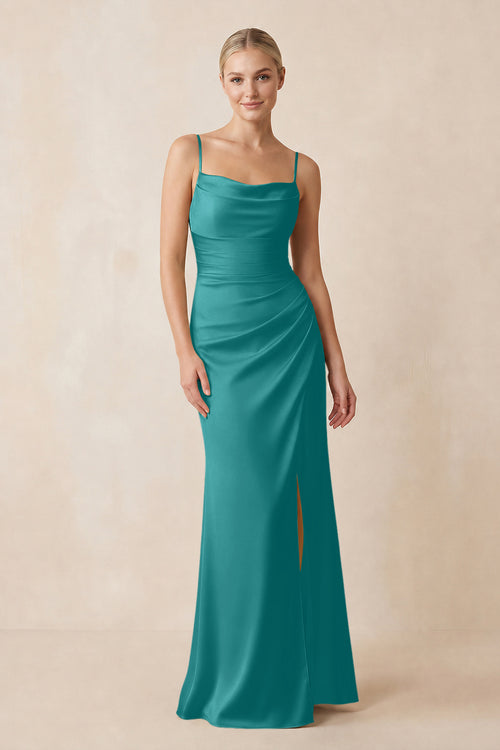 Cami Strap Ruched Satin Sheath Bridesmaid Dress in Turquoise | KISSBRIDAL