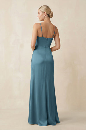 Cami Strap Ruched Satin Sheath Bridesmaid Dress in Twilight - SHE IS ME Bridesmaid Dresses