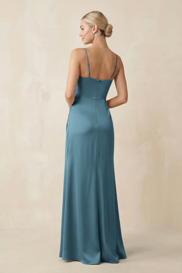 Cami Strap Ruched Satin Sheath Bridesmaid Dress in Twilight - SHE IS ME Bridesmaid Dresses