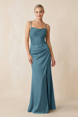 Cami Strap Ruched Satin Sheath Bridesmaid Dress in Twilight - KISS BRIDAL Bridesmaid Dresses
