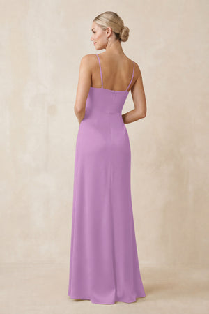 Cami Strap Ruched Satin Sheath Bridesmaid Dress in Vintage Mauve (2) | KISSBRIDAL