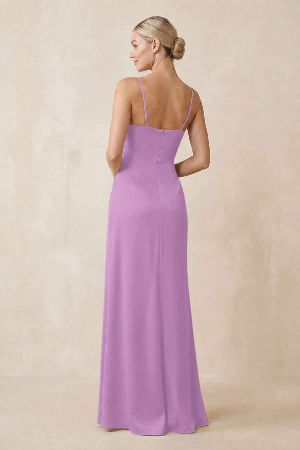 Cami Strap Ruched Satin Sheath Bridesmaid Dress in Vintage Mauve (2) | KISSBRIDAL