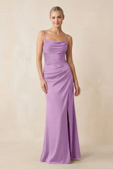 Cami Strap Ruched Satin Sheath Bridesmaid Dress in Vintage Mauve - KISS BRIDAL Bridesmaid Dresses