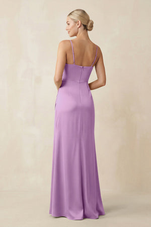 Cami Strap Ruched Satin Sheath Bridesmaid Dress in Vintage Mauve - KISS BRIDAL Bridesmaid Dresses