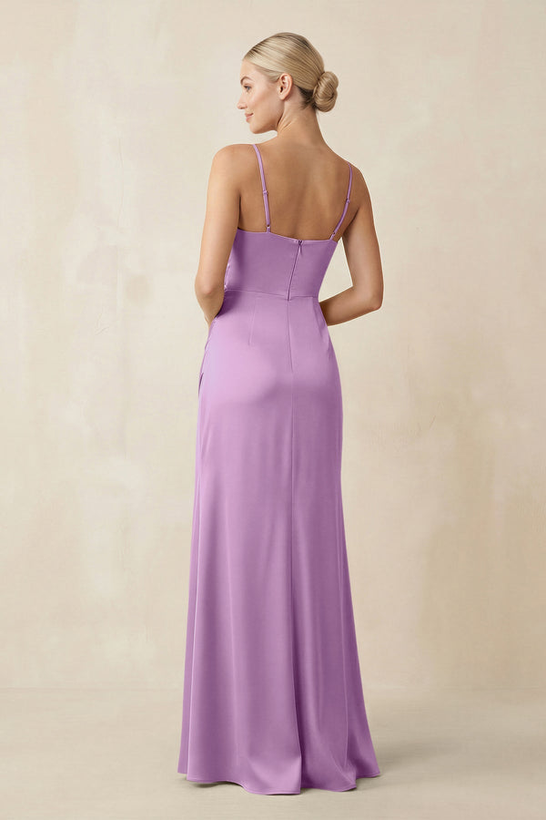 Cami Strap Ruched Satin Sheath Bridesmaid Dress in Vintage Mauve - KISS BRIDAL Bridesmaid Dresses