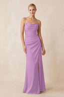 Cami Strap Ruched Satin Sheath Bridesmaid Dress in Vintage Mauve | KISSBRIDAL