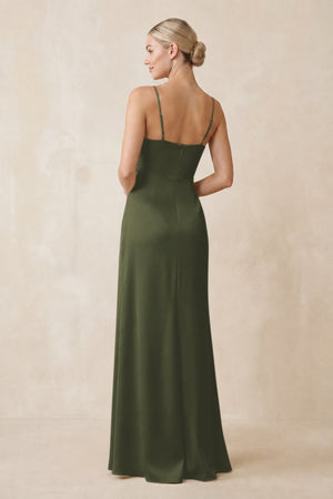 Cami Strap Ruched Satin Sheath Bridesmaid Dress in Willow Green (2) | KISSBRIDAL