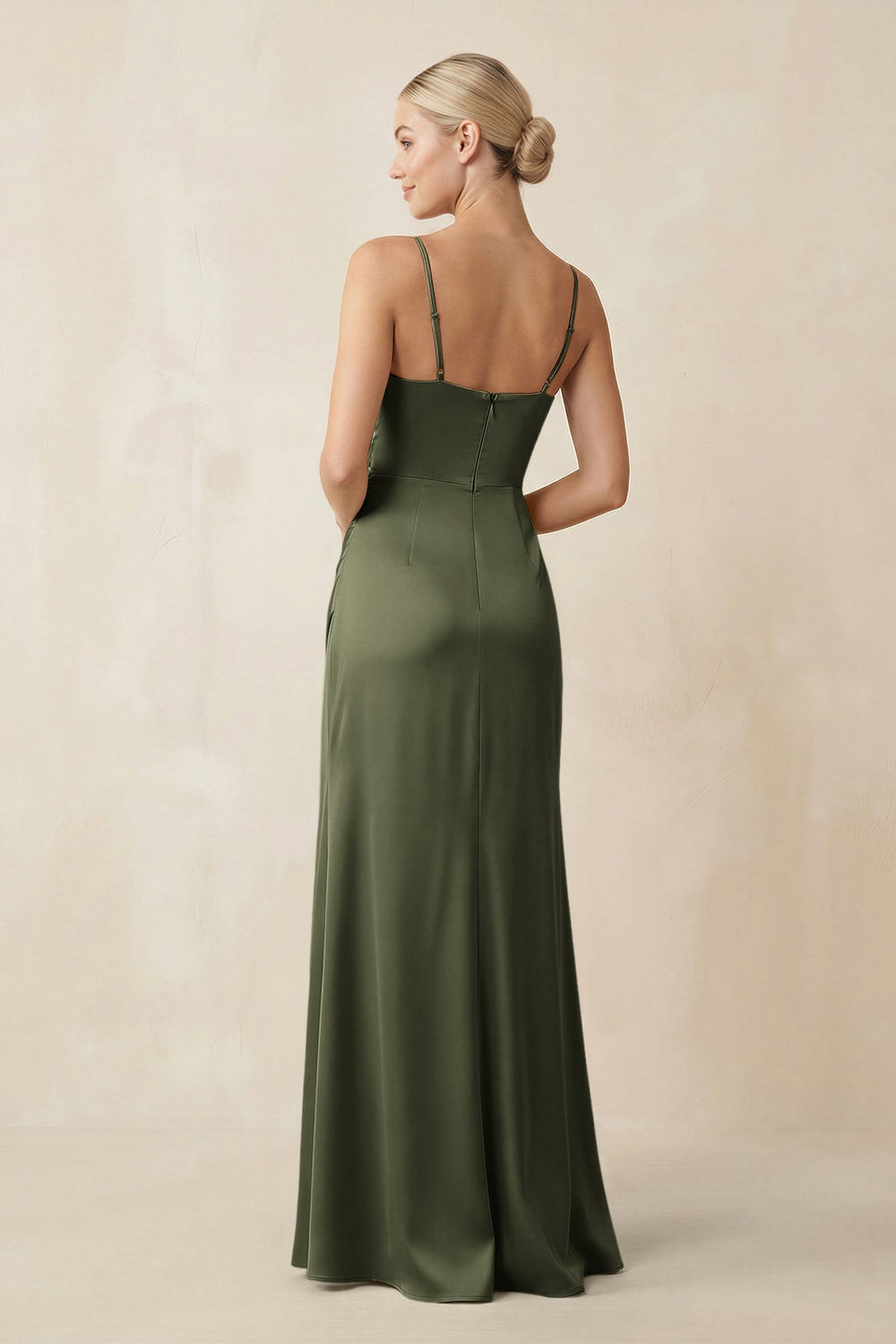 Cami Strap Ruched Satin Sheath Bridesmaid Dress in Willow Green - KISS BRIDAL Bridesmaid Dresses