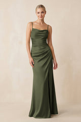 Cami Strap Ruched Satin Sheath Bridesmaid Dress in Willow Green - KISS BRIDAL Bridesmaid Dresses