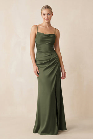 Cami Strap Ruched Satin Sheath Bridesmaid Dress in Willow Green - KISS BRIDAL Bridesmaid Dresses