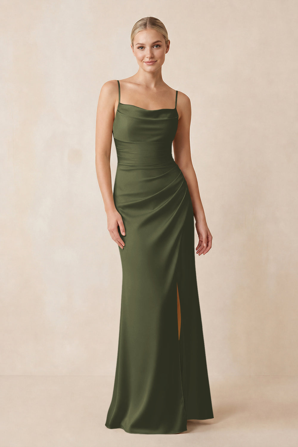 Cami Strap Ruched Satin Sheath Bridesmaid Dress in Willow Green