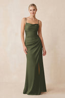 Cami Strap Ruched Satin Sheath Bridesmaid Dress in Willow Green | KISSBRIDAL