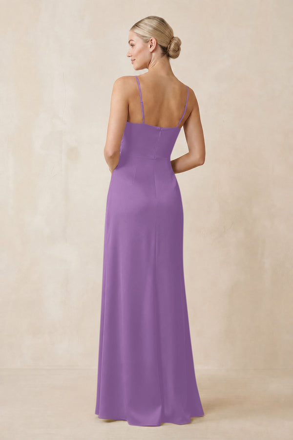 Cami Strap Ruched Satin Sheath Bridesmaid Dress in Wisteria (2) | KISSBRIDAL