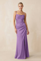 Cami Strap Ruched Satin Sheath Bridesmaid Dress in Wisteria - KISS BRIDAL Bridesmaid Dresses