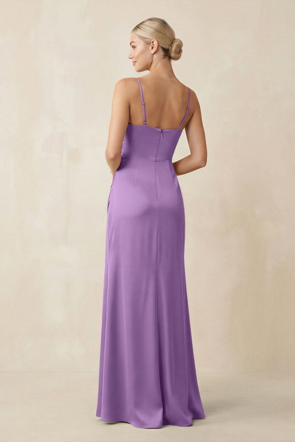 Cami Strap Ruched Satin Sheath Bridesmaid Dress in Wisteria - KISS BRIDAL Bridesmaid Dresses