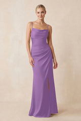 Cami Strap Ruched Satin Sheath Bridesmaid Dress in Wisteria | KISSBRIDAL