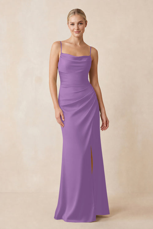 Cami Strap Ruched Satin Sheath Bridesmaid Dress in Wisteria | KISSBRIDAL