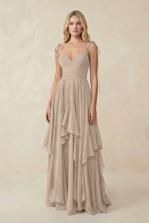 Cami Strap Ruffled A - Line Chiffon Bridesmaid Dress in Almond - SHE IS ME Bridesmaid Dresses